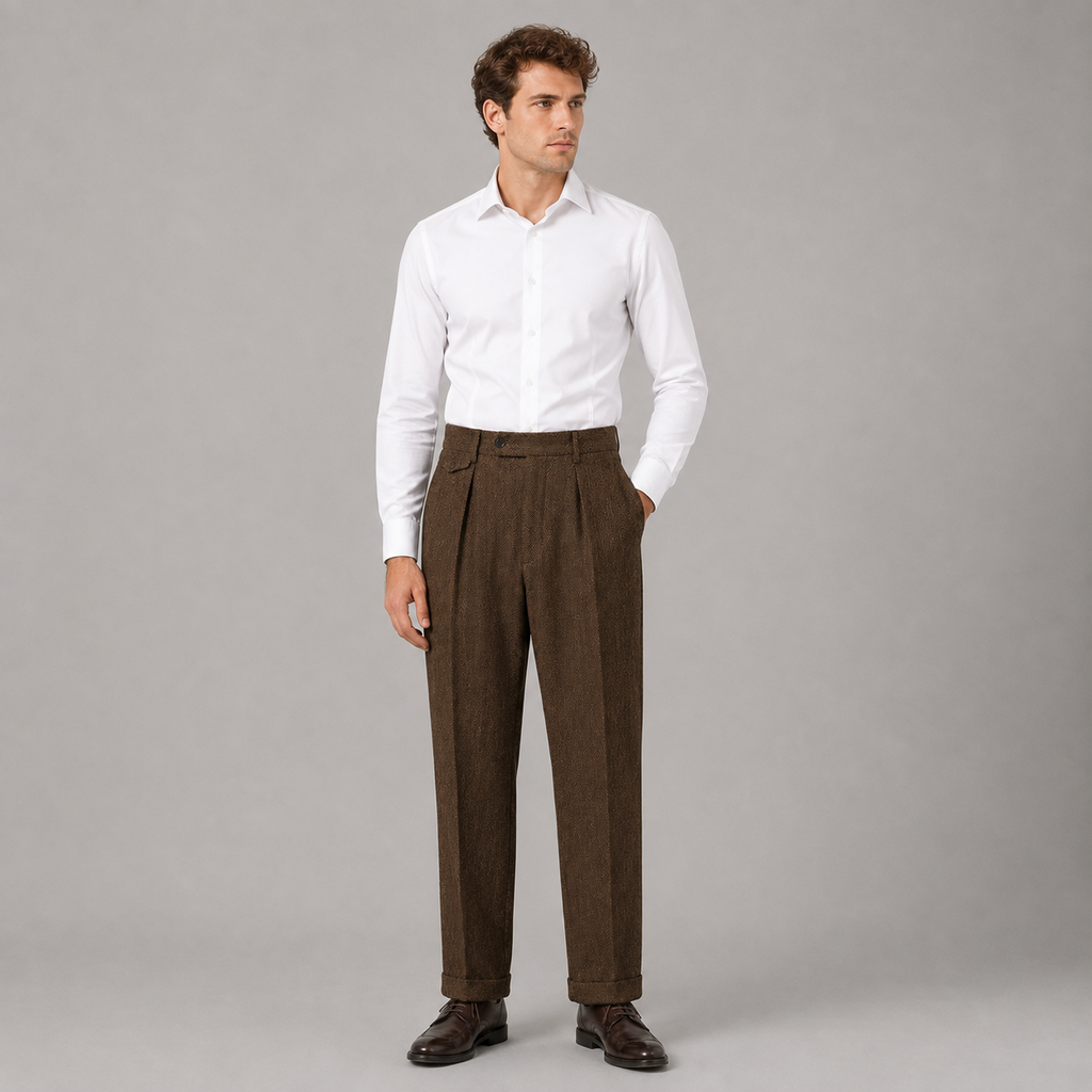 Men's herringbone pleated straight leg trousers, back view
