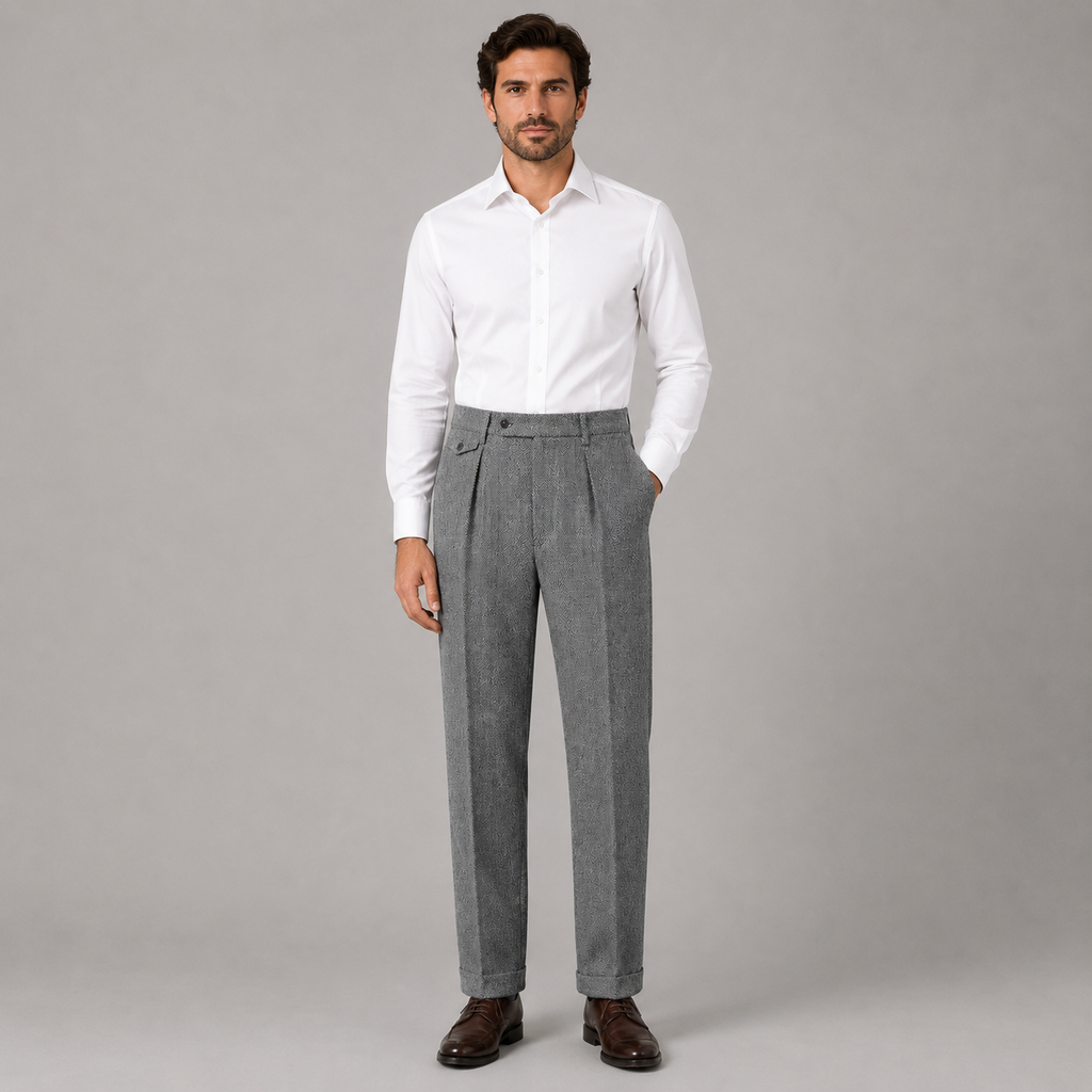 Men's herringbone pleated straight leg trousers, view 8