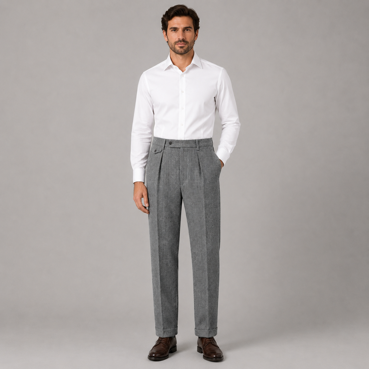 Men's herringbone pleated straight leg trousers, view 8