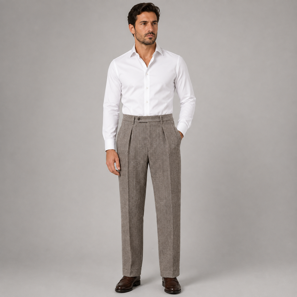Men's herringbone high waist pleated trousers, view 6
