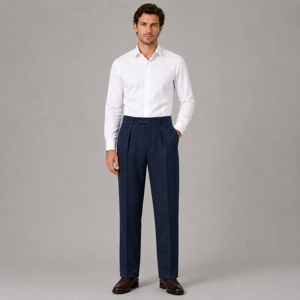 Men's herringbone high waist pleated trousers, view 8