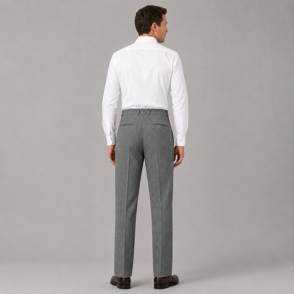 Men's herringbone high waist pleated trousers, back view