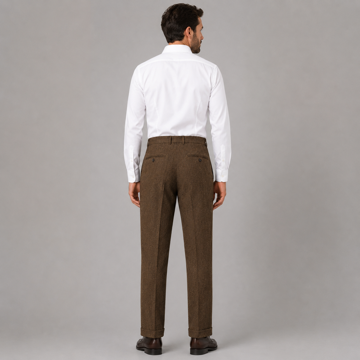Men's herringbone pleated straight leg trousers, detail