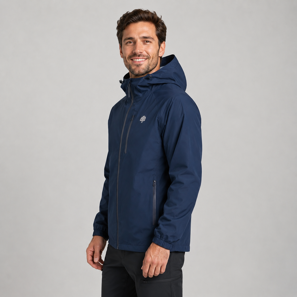 Men's hooded lightweight rain shell jacket, back view