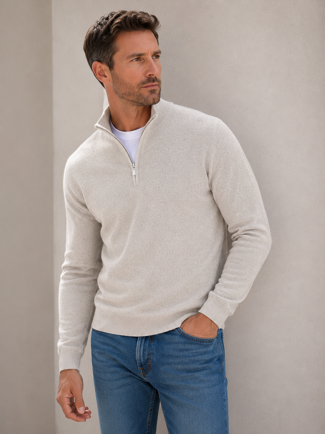 Men's wool blend half zip jumper, back view