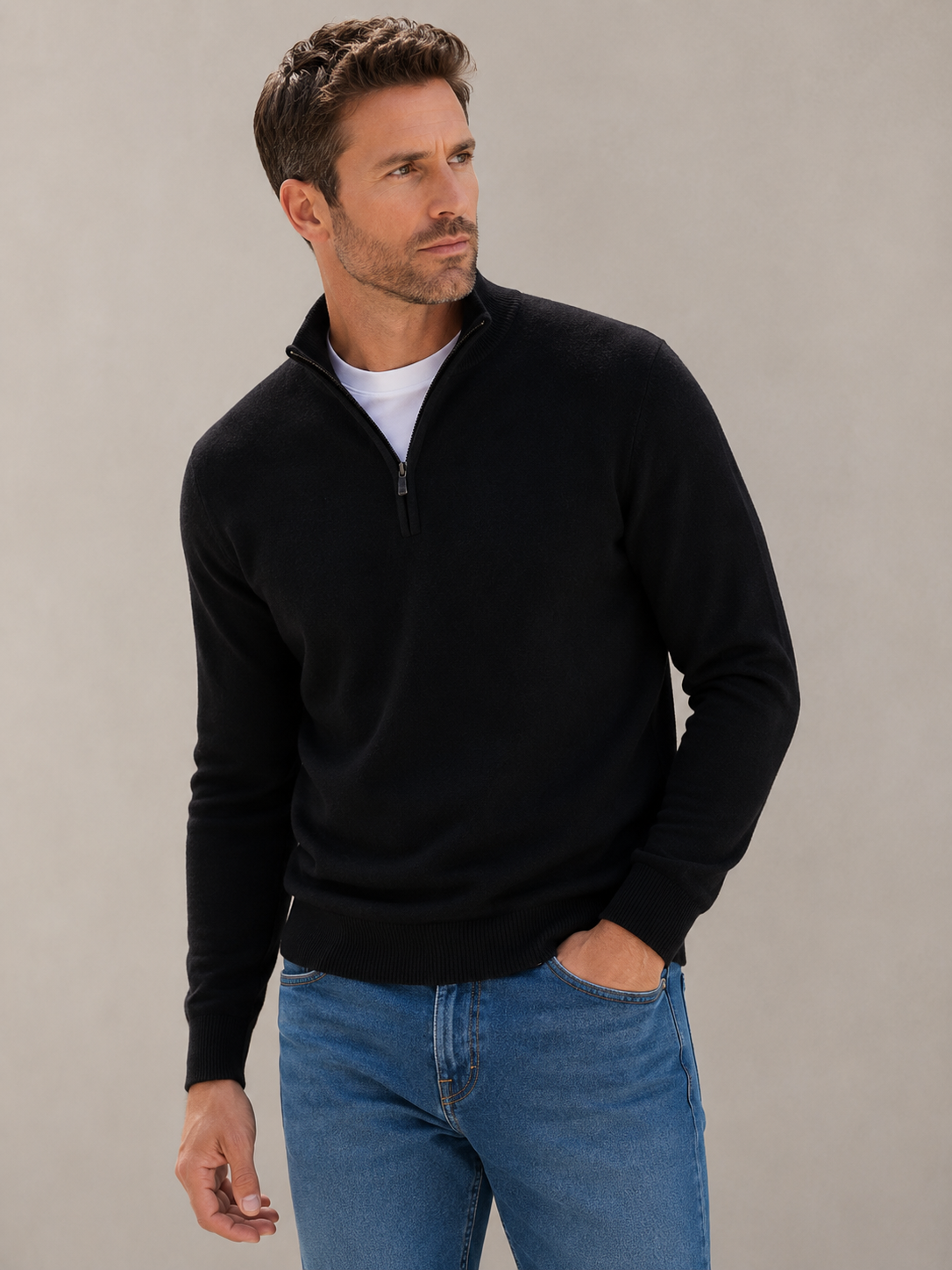 Men's wool blend half zip jumper, detail