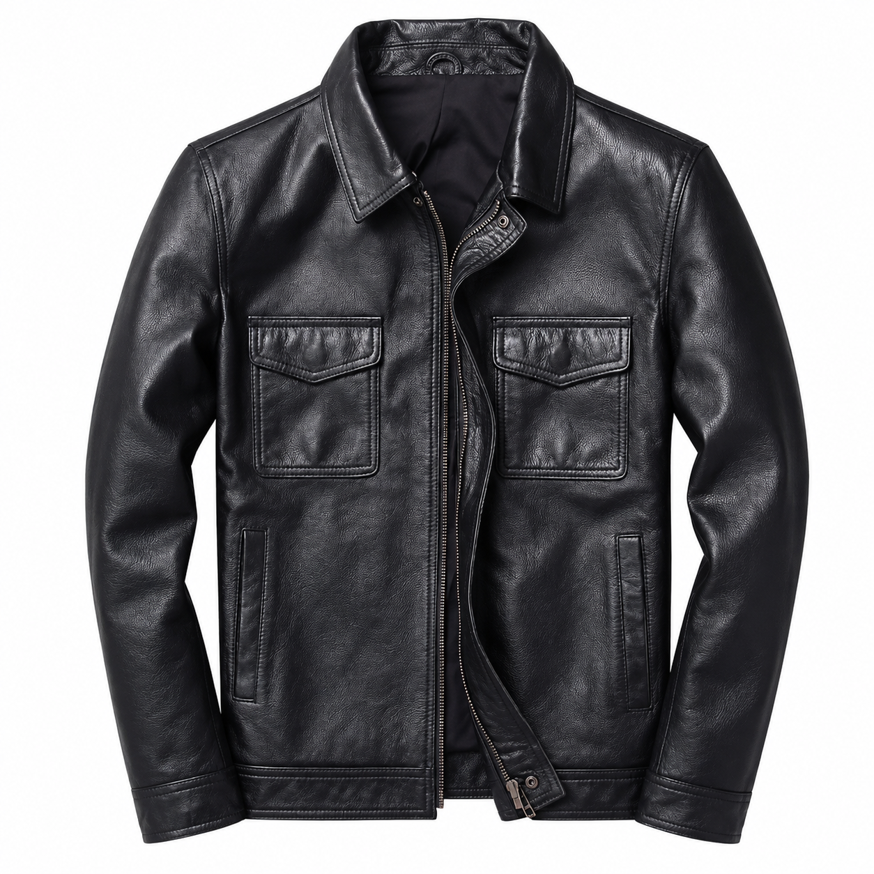Men's genuine leather stand collar jacket, back view