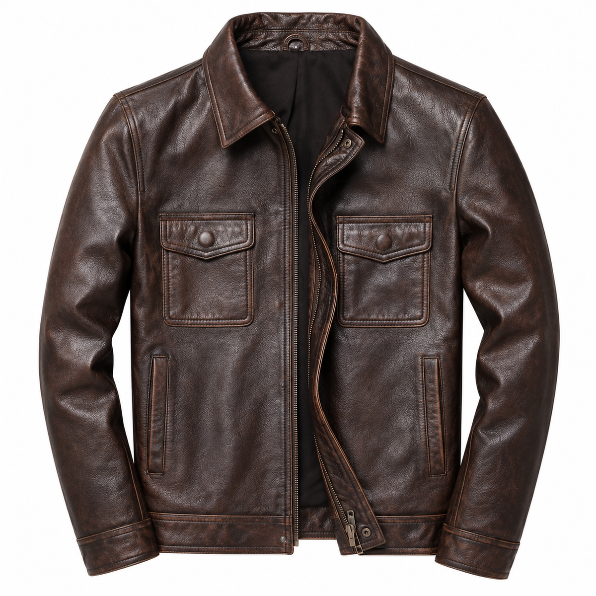 Men's genuine leather stand collar jacket, detail