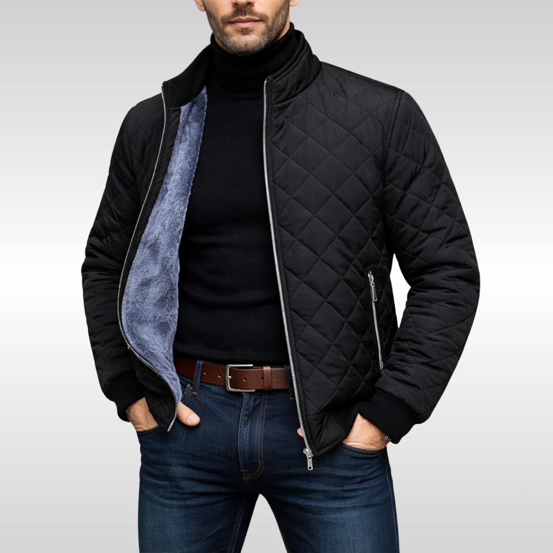 Men's fleece lined quilted bomber jacket, side view