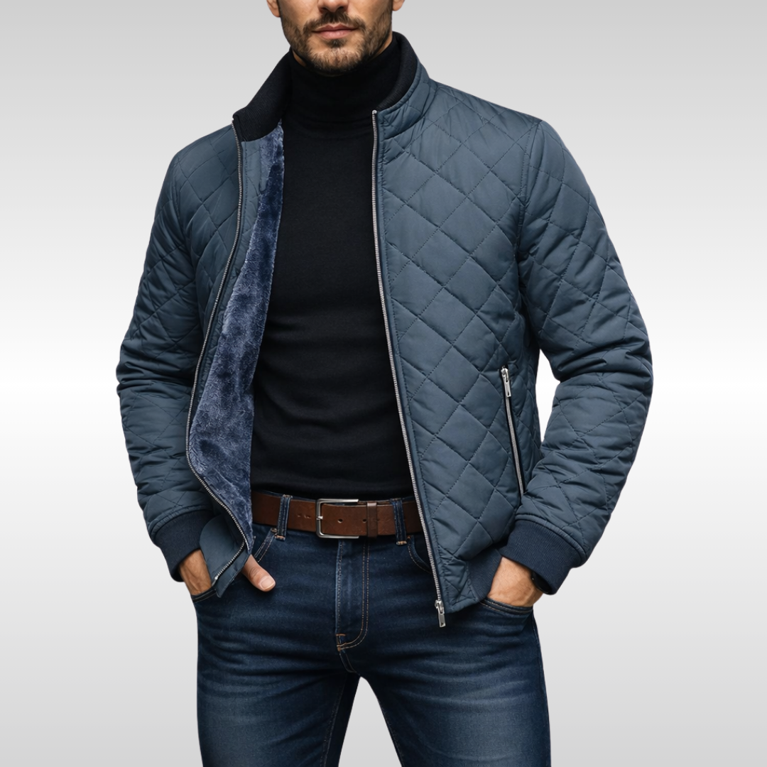Men's fleece lined quilted bomber jacket, back view