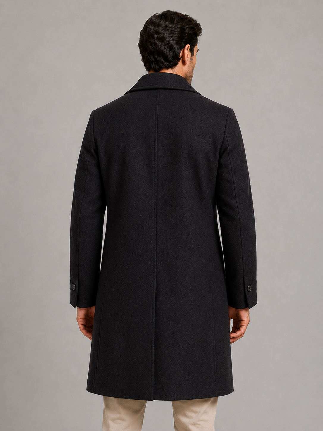 Men's double breasted tailored overcoat, side view