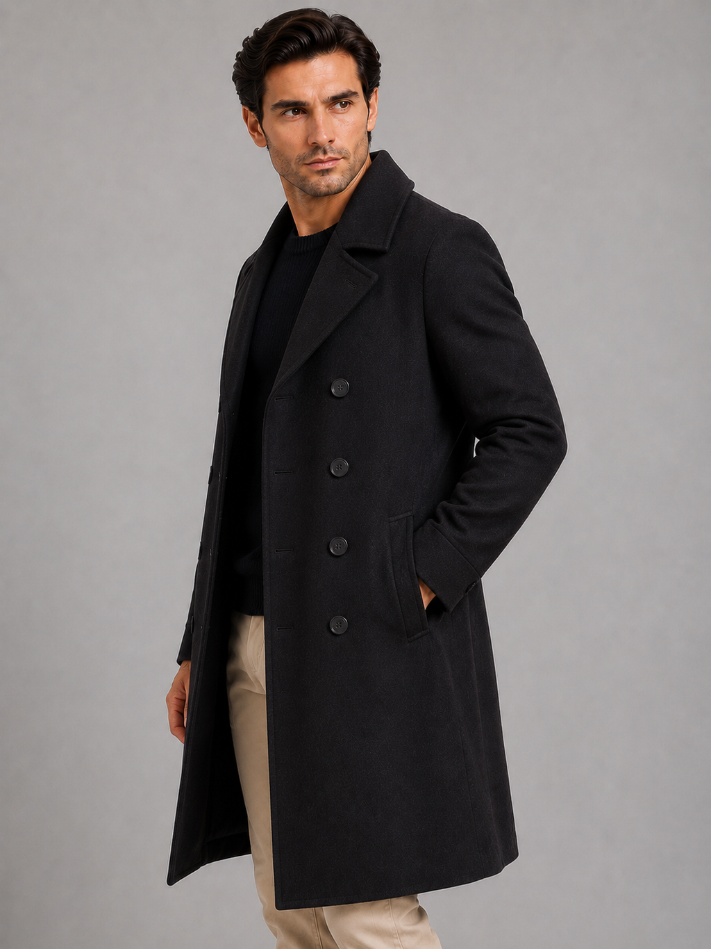 Men's double breasted tailored overcoat, back view