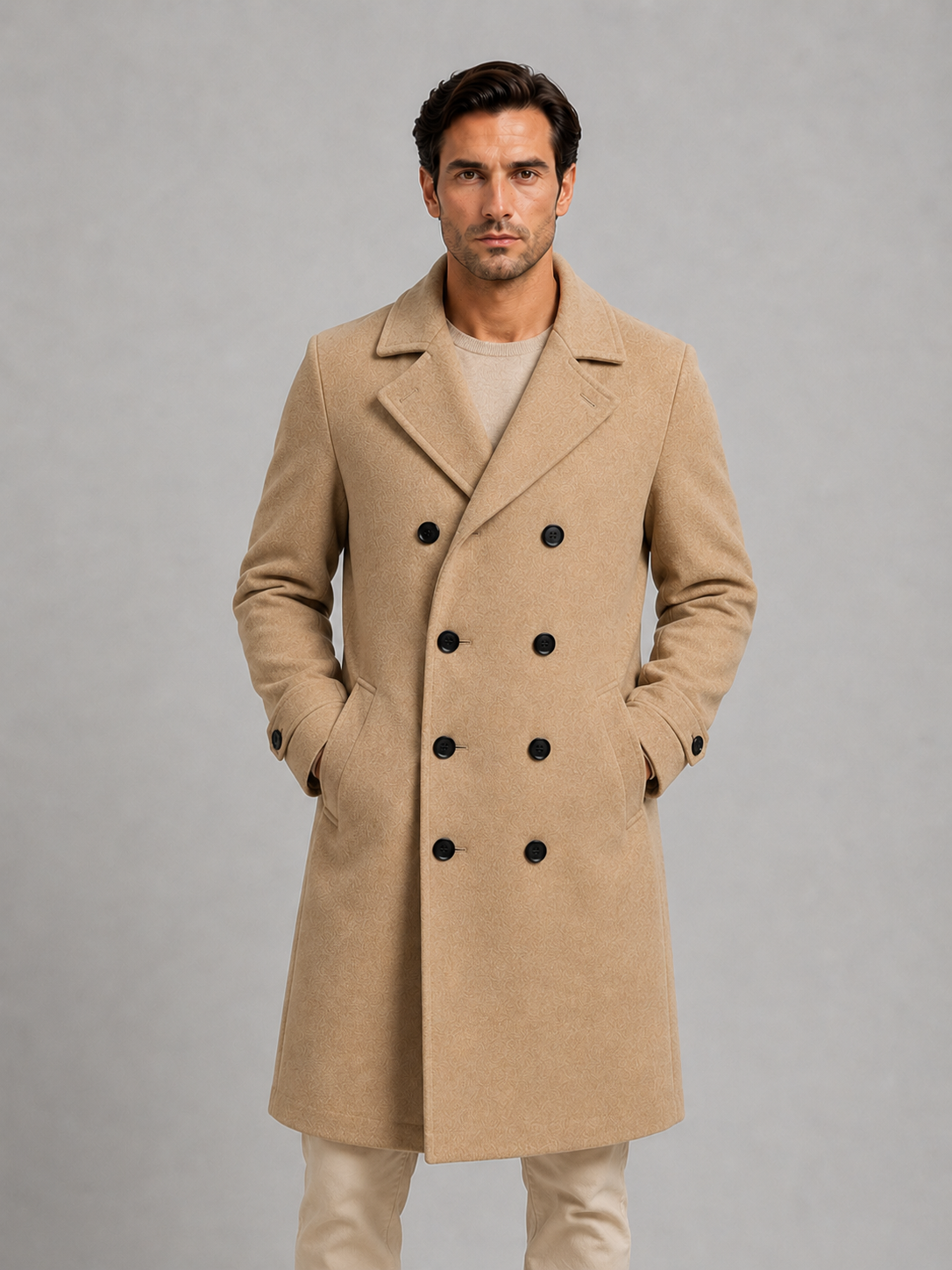 Men's double breasted tailored overcoat, detail