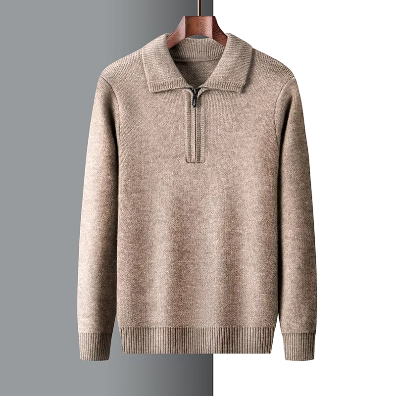 Men's mid weight quarter zip polo jumper, side view