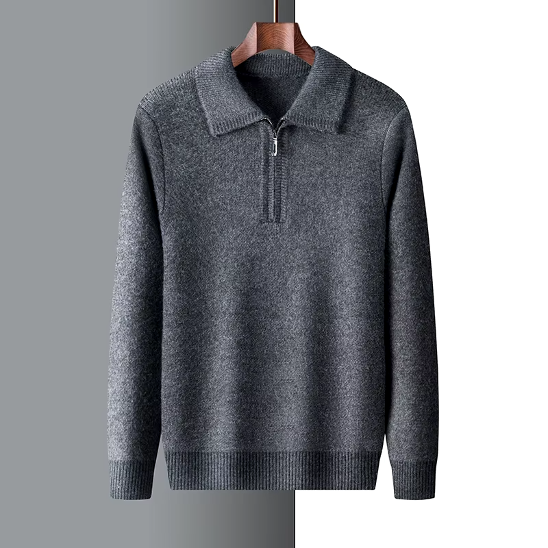 Men's mid weight quarter zip polo jumper, back view