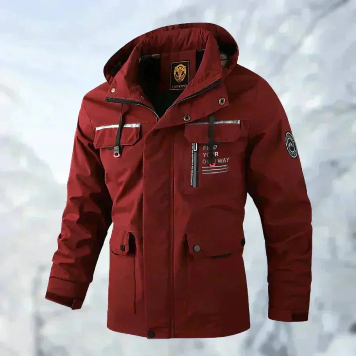 Men's wind and rain hooded outdoor jacket, back view