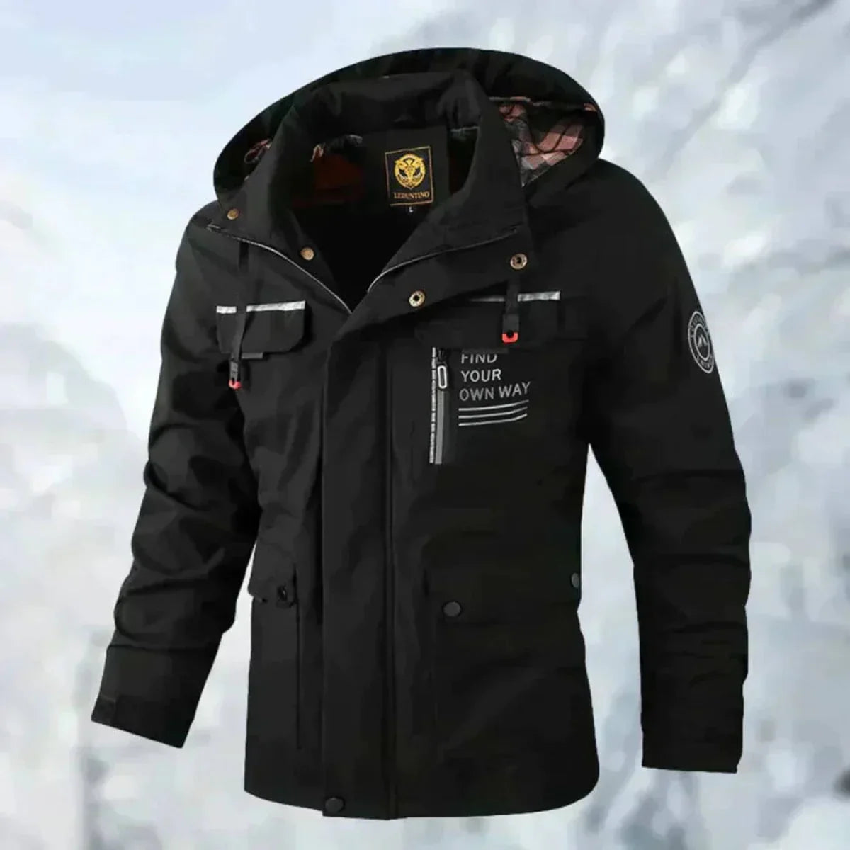 Men's wind and rain hooded outdoor jacket, side view
