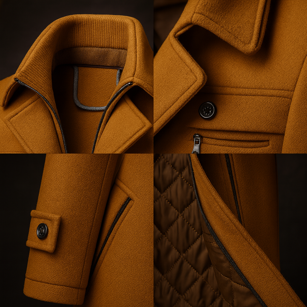 Men's textured collar lined winter coat, side view