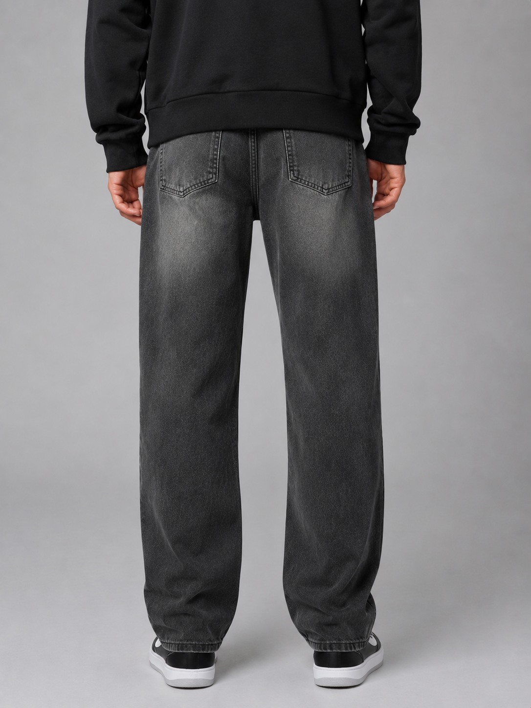 Men's straight leg denim jeans, side view