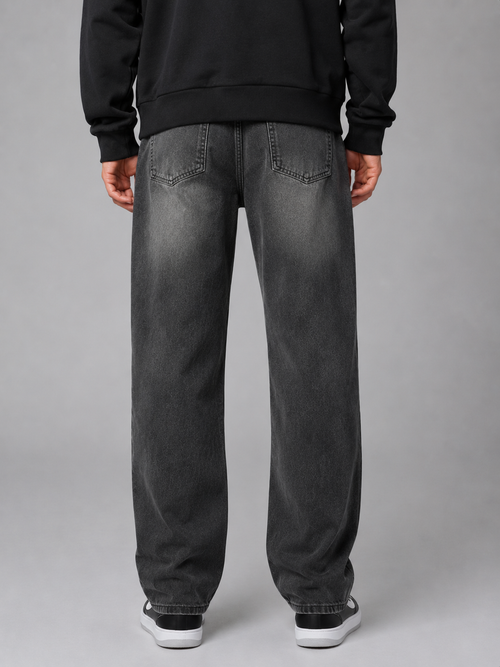 Men's straight leg denim jeans, side view