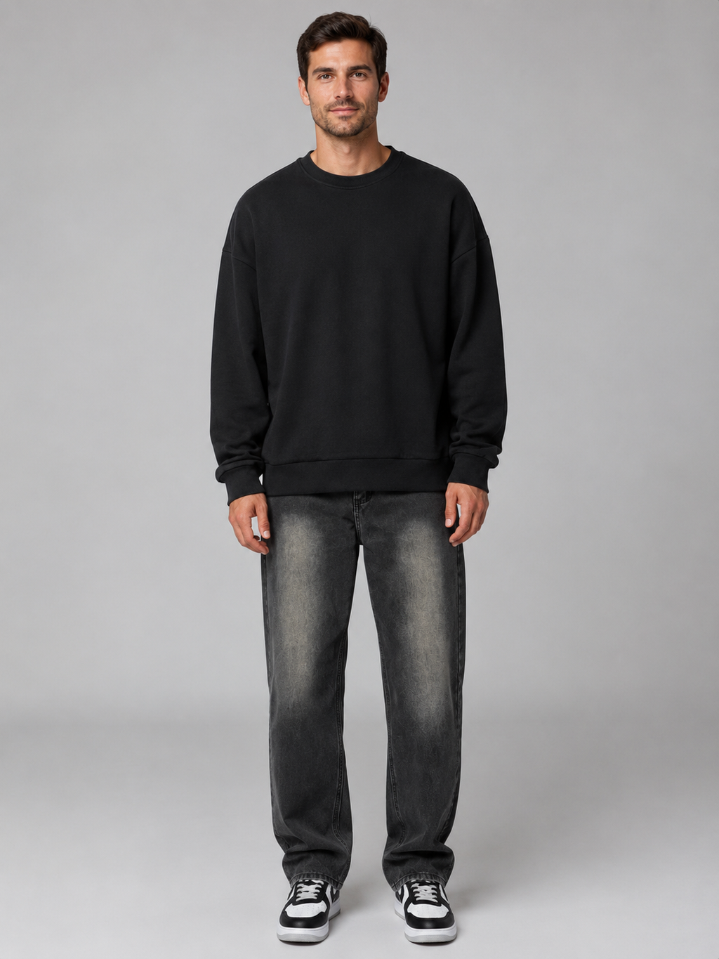 Men's straight leg denim jeans, back view