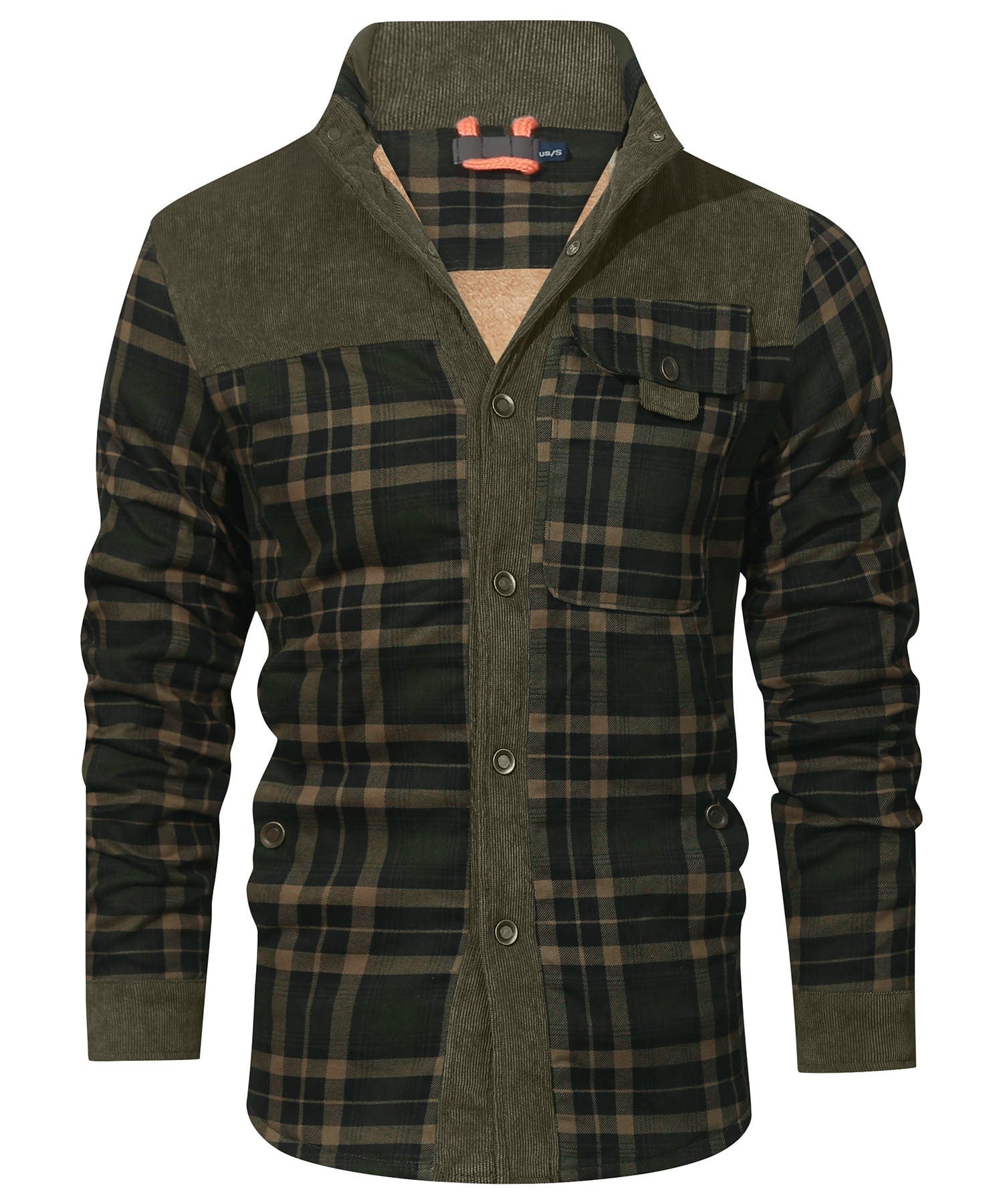 Men's faux fur lined check flannel jacket, back view