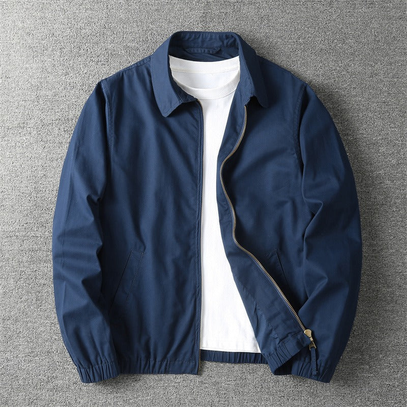 Men's minimal front zip up jacket, side view