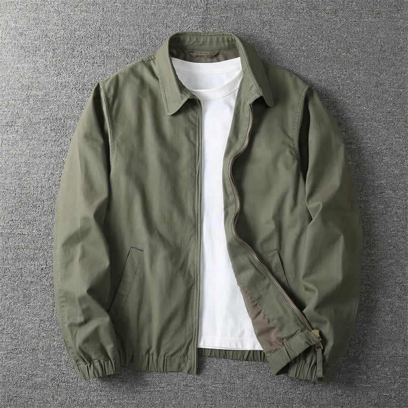 Men's minimal front zip up jacket, back view