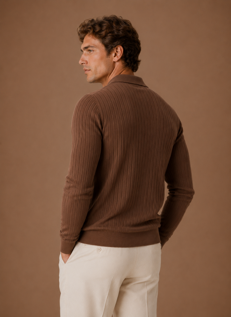 Men's ribbed knit polo jumper, back view