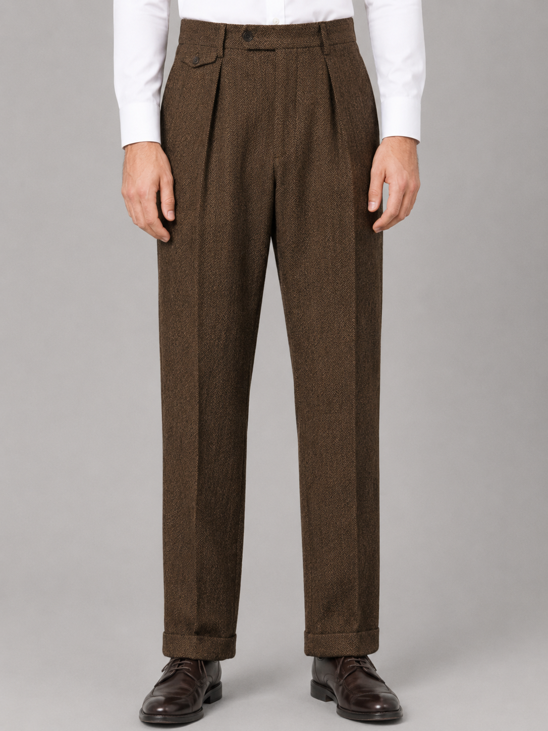 Men's herringbone pleated straight leg trousers