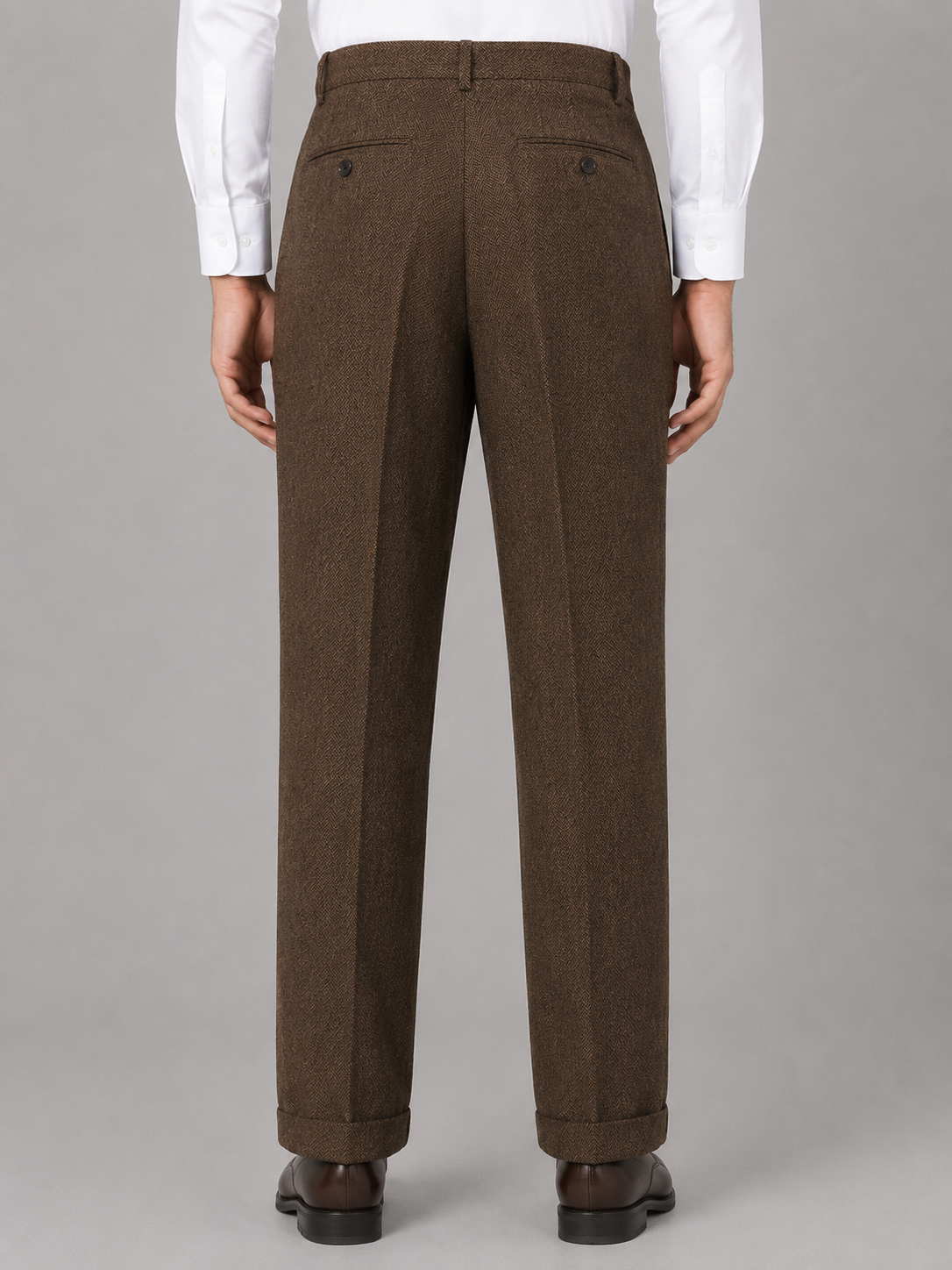 Men's herringbone pleated straight leg trousers, side view