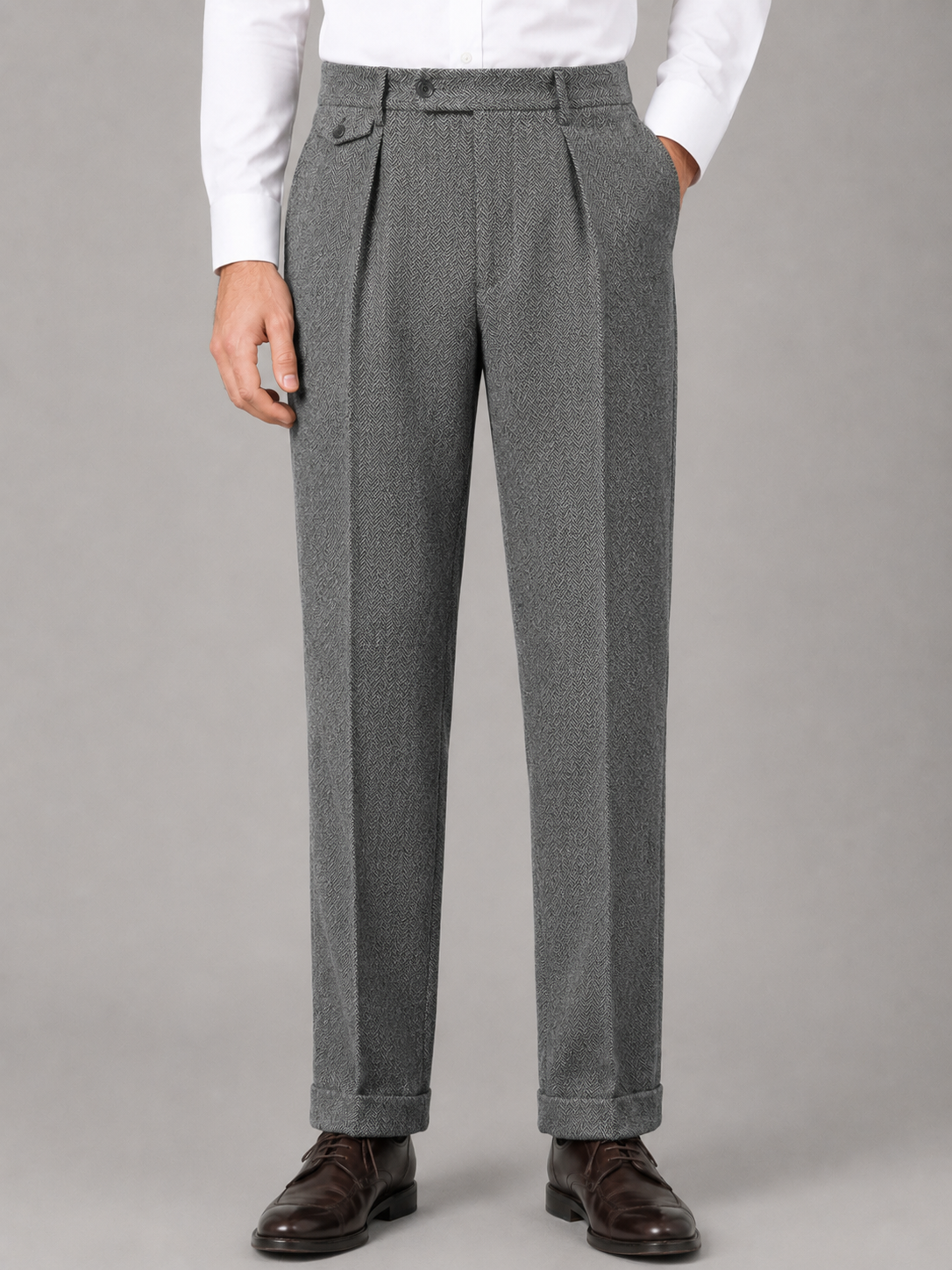 Men's herringbone pleated straight leg trousers, view 7