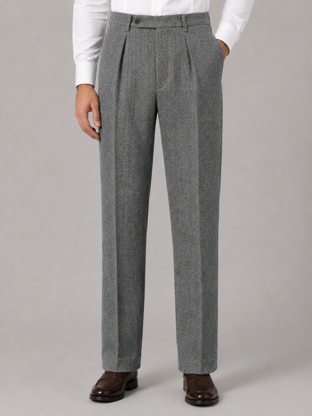 Men's herringbone high waist pleated trousers