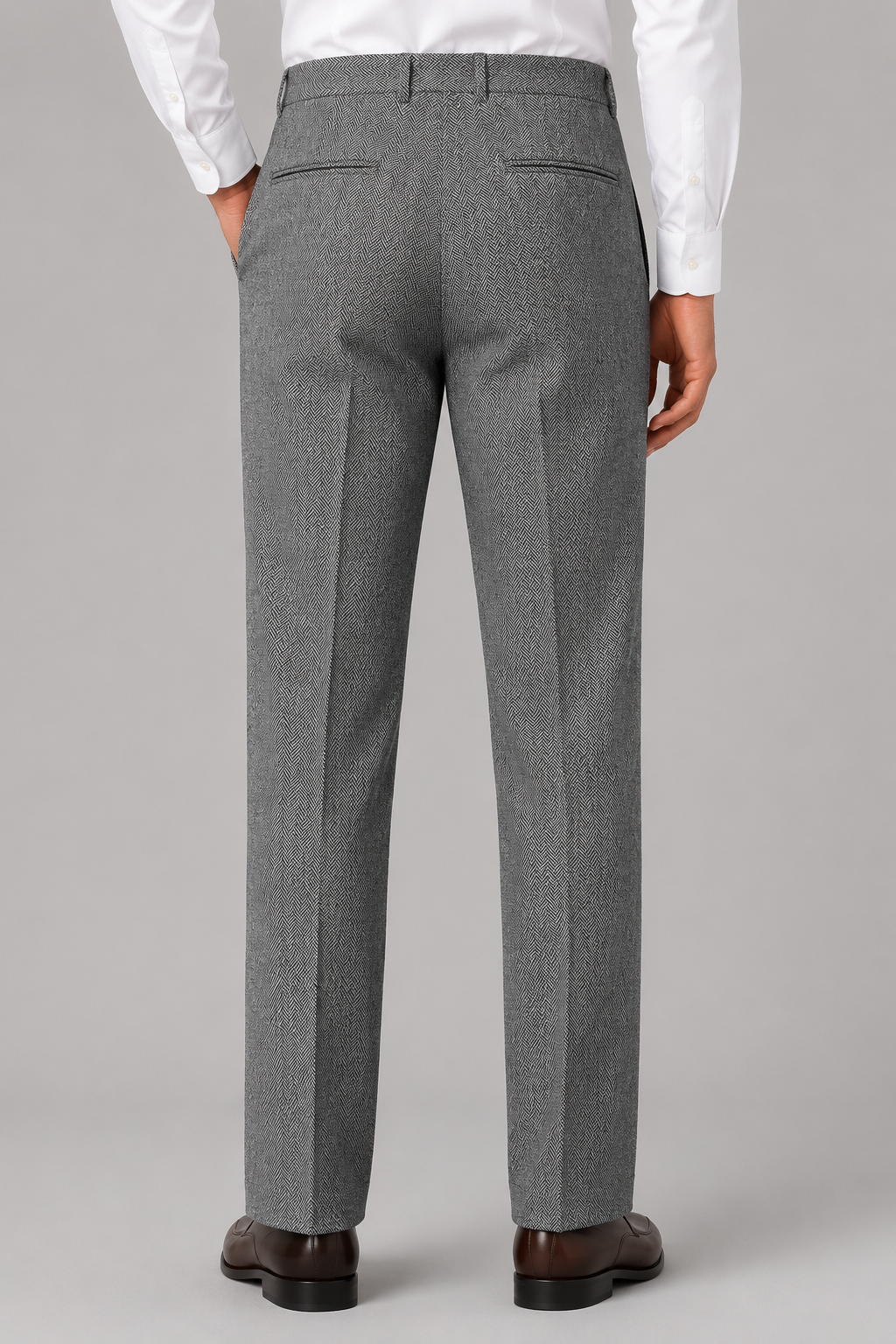 Men's herringbone high waist pleated trousers, side view