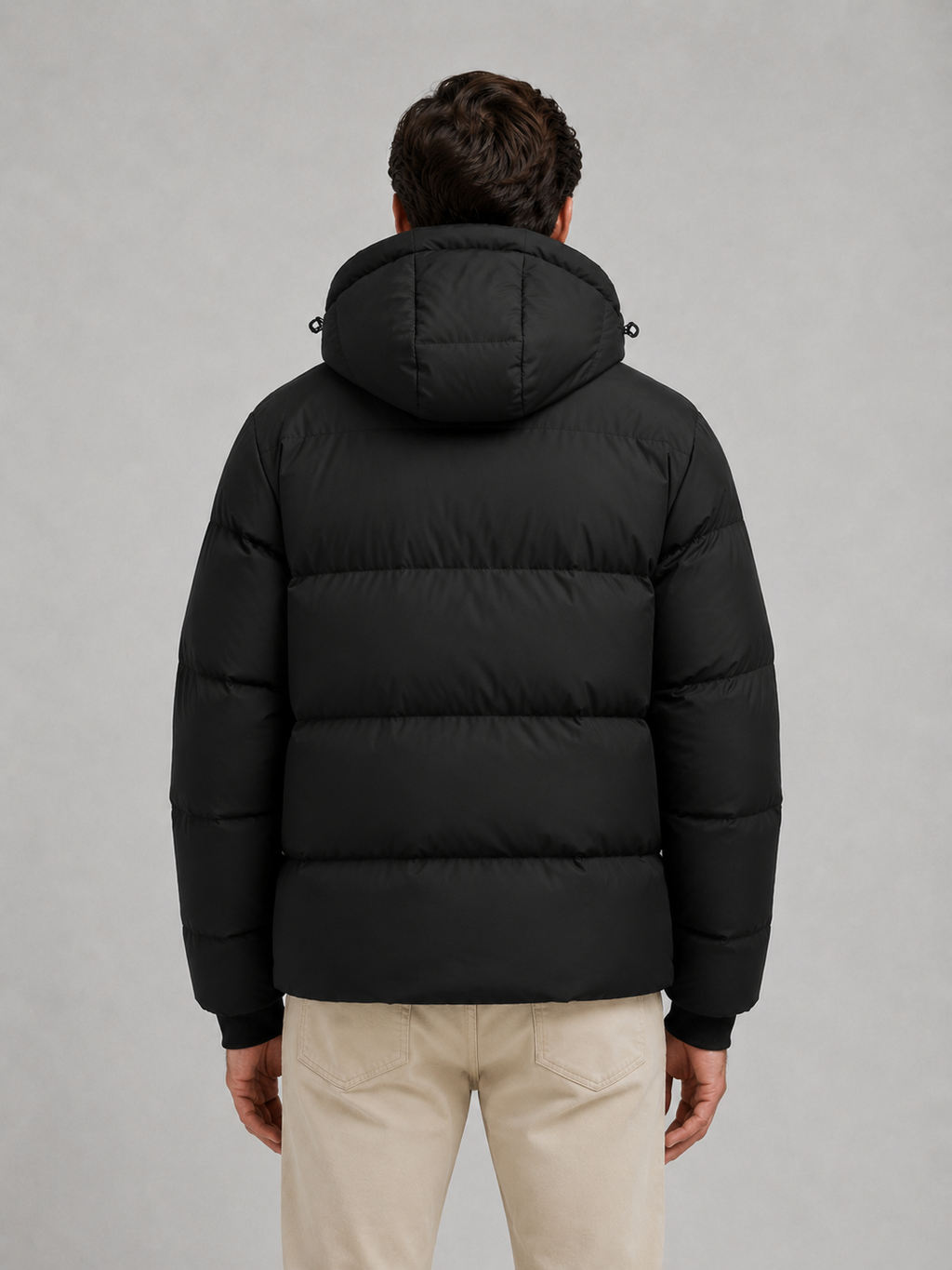 Men's high neck hooded puffer jacket, side view
