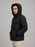 Men's high neck hooded puffer jacket, back view