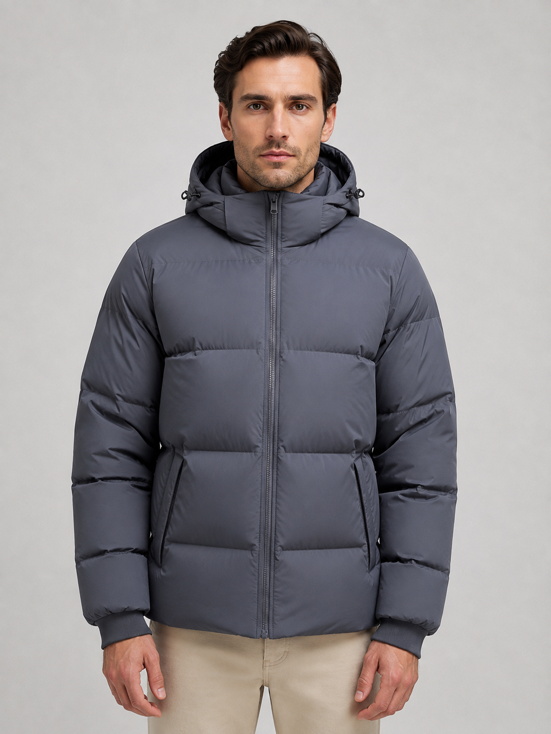 Men's high neck hooded puffer jacket, detail