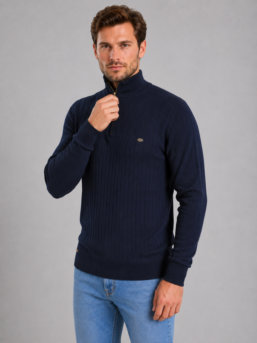 Men's ribbed funnel neck quarter zip jumper, detail