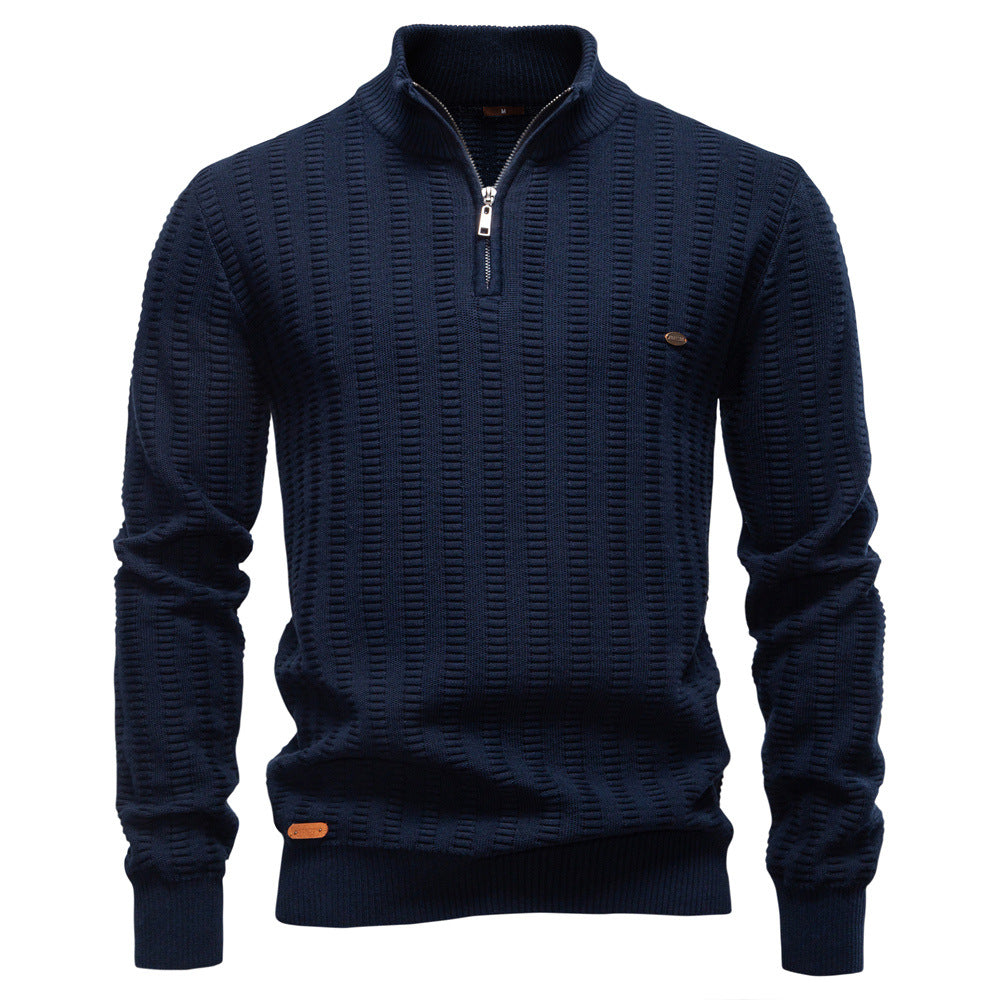 Men's vertical rib cotton half zip jumper, side view