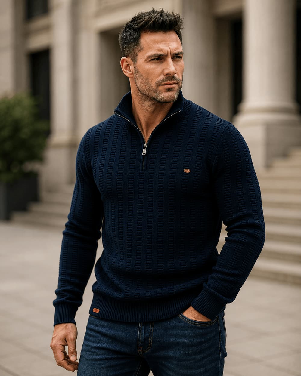 Men's vertical rib cotton half zip jumper