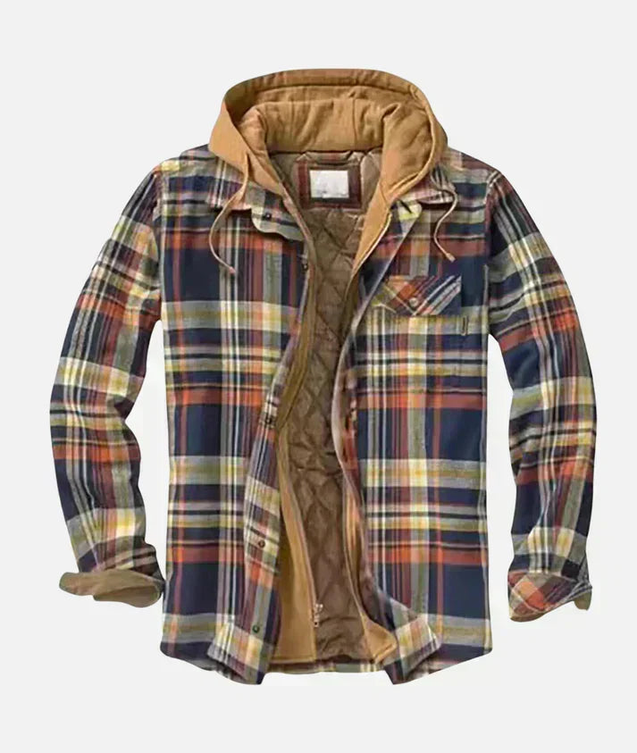 Men's patchwork check knit cardigan, side view