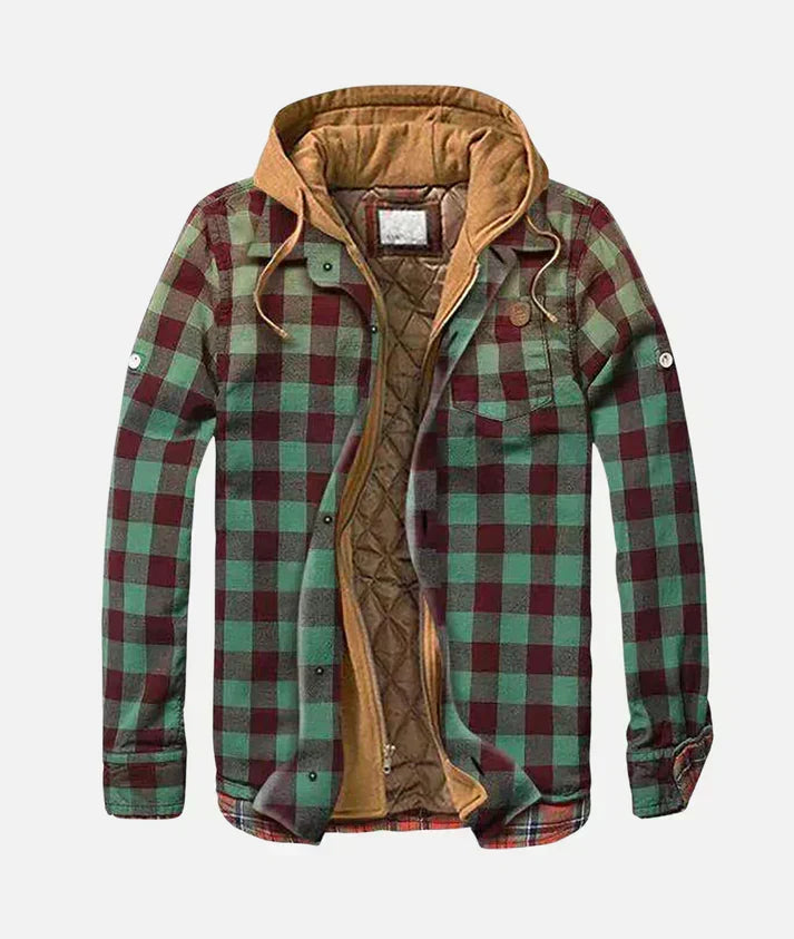 Men's patchwork check knit cardigan, back view