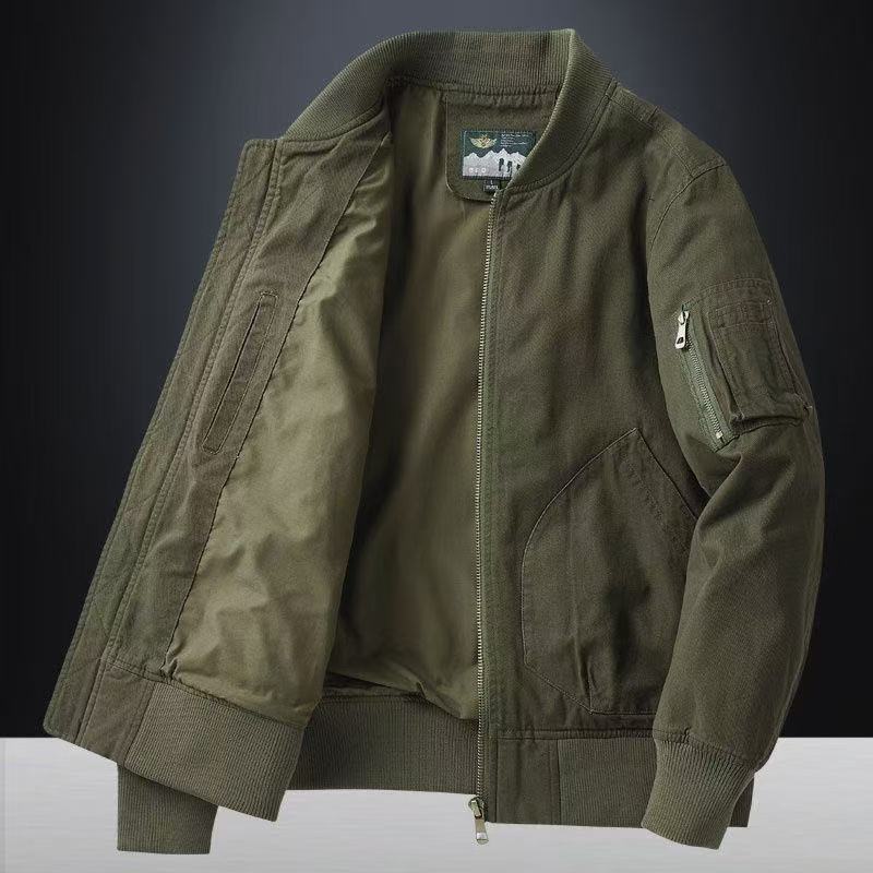 Men's loose fit baseball collar bomber jacket, side view