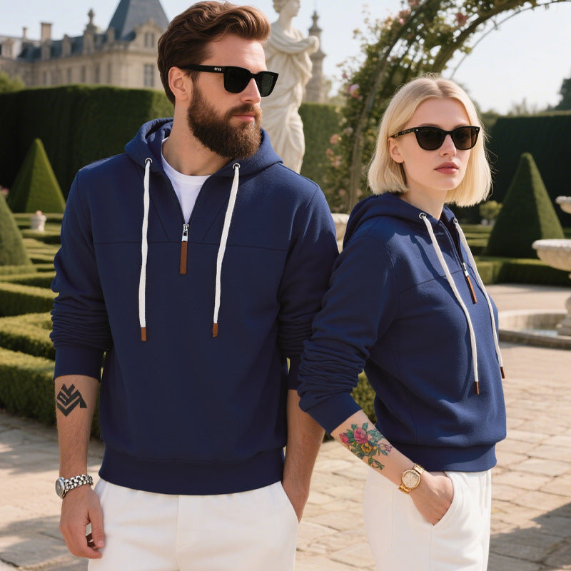 Men's soft fleece half zip hoodie, back view