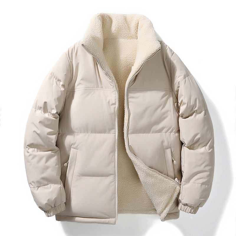 Men's reversible stand collar puffer jacket, side view