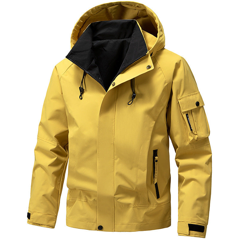 Men's adjustable hood waterproof zip jacket, side view