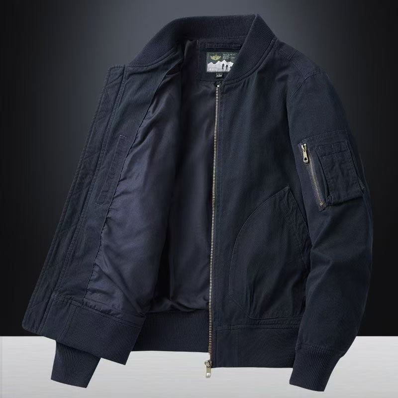 Men's loose fit baseball collar bomber jacket, back view