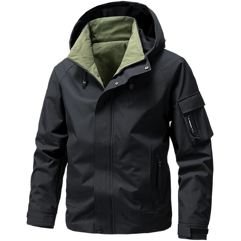 Men's adjustable hood waterproof zip jacket, detail