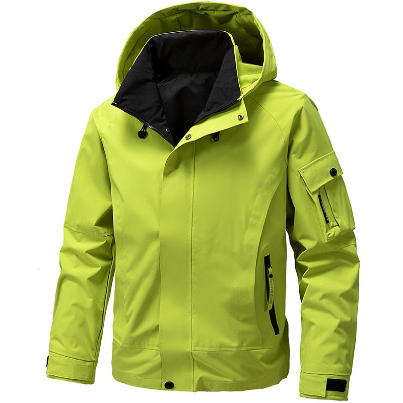 Men's adjustable hood waterproof zip jacket, back view