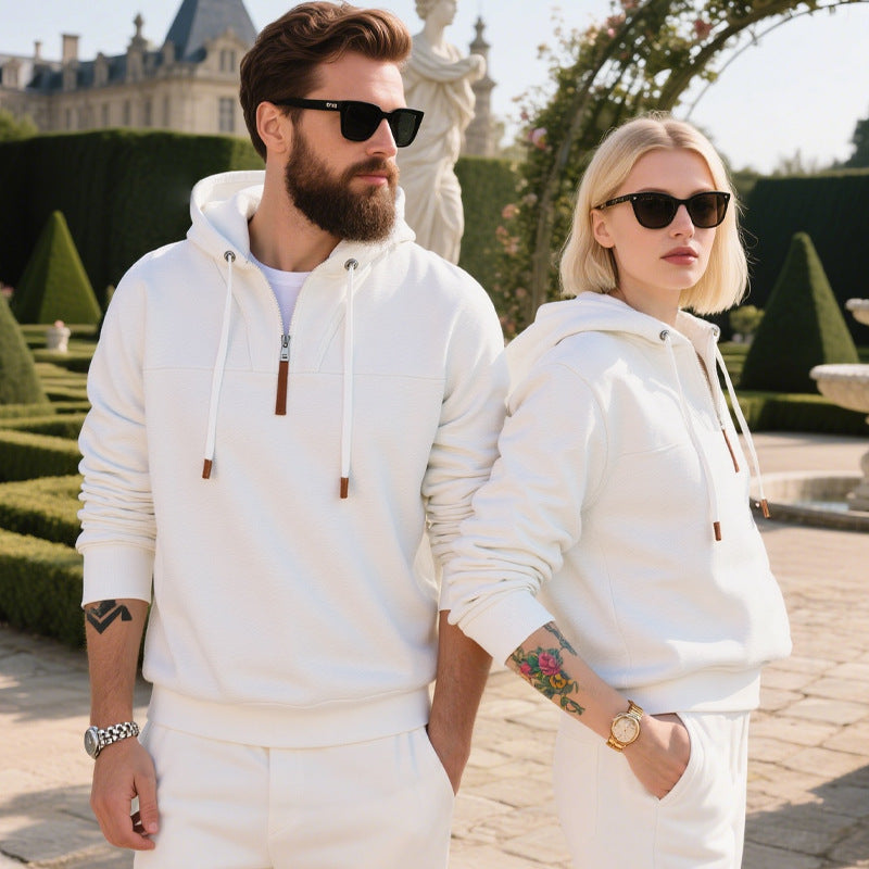 Men's soft fleece half zip hoodie, side view